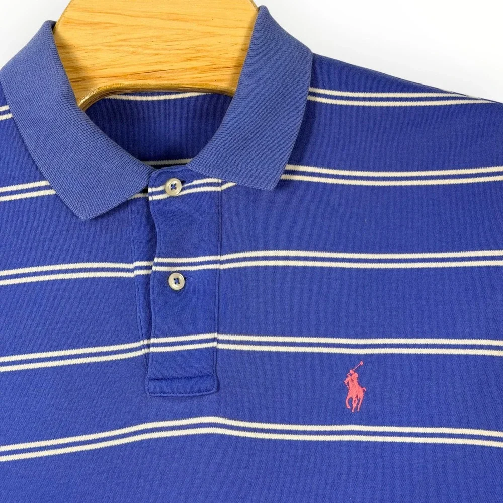 Polo‎ Ralph Lauren Polo Shirt Mens Medium Blue White Striped Jersey Cotton Golf